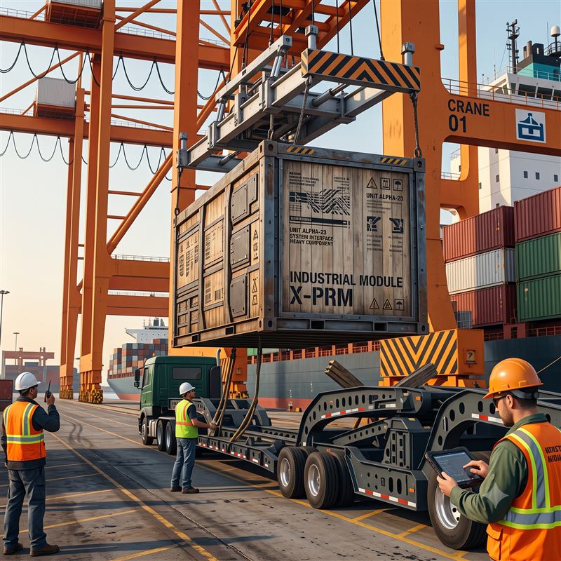 Gantry crane lowering a heavy-lift industrial module onto a lowbed trailer at the port — project cargo handling by One Global Shipping